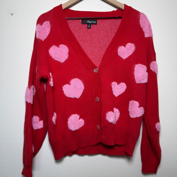 33 Degrees Sweaters - 33 Degrees Women Cardigan Sweater Medium Red Pink Fuzzy Heart Preppy Novelty